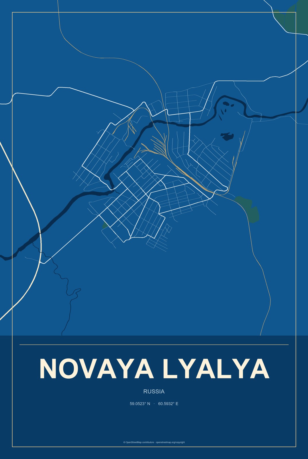 Novaya Lyalya, Russia City Map Aluminum Sign in Harbor Cobalt style