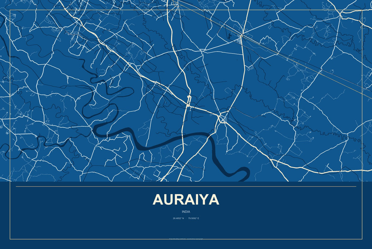 Auraiya, India City Map Aluminum Sign in Harbor Cobalt style