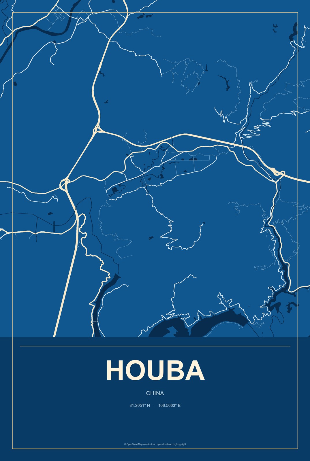 Houba, China City Map Aluminum Sign in Harbor Cobalt style