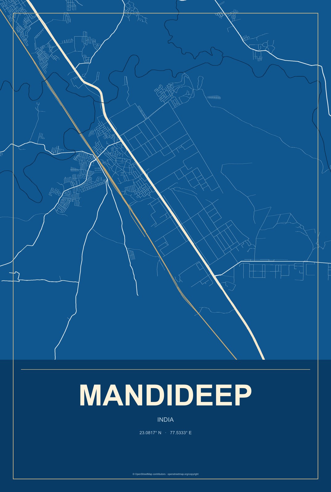 Mandideep, India City Map Aluminum Sign in Harbor Cobalt style