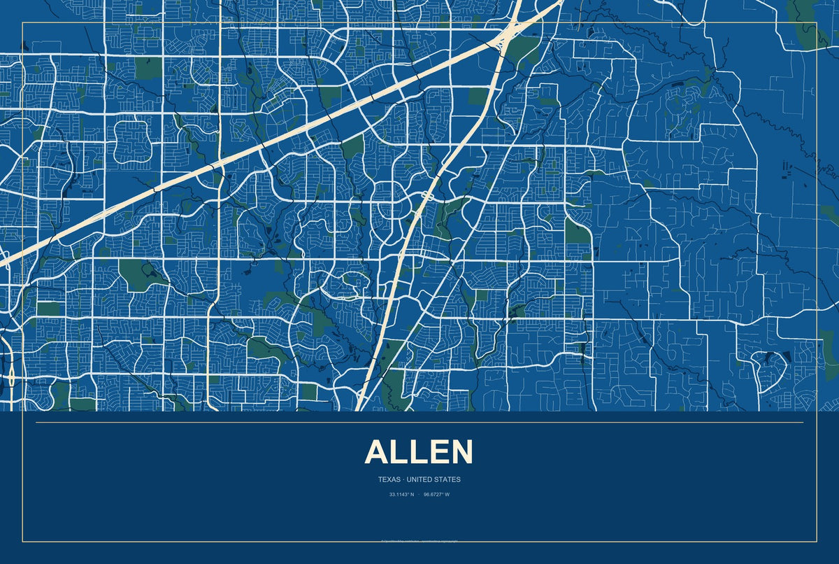 Allen, Texas City Map Aluminum Sign in Harbor Cobalt style