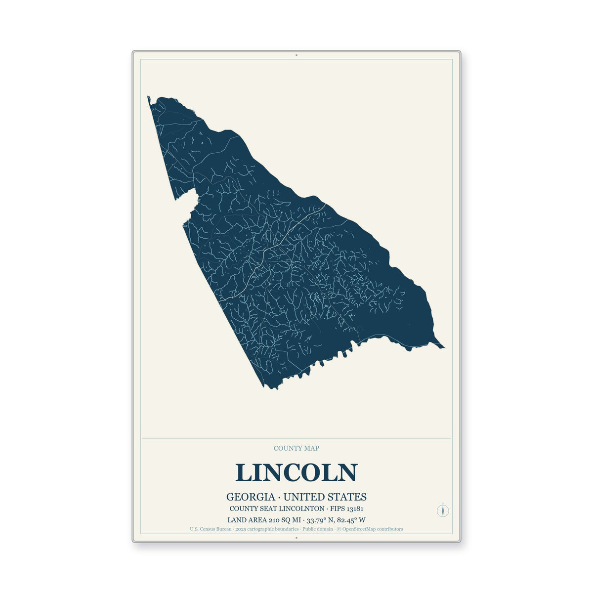 Lincoln County, Georgia Map Aluminum Sign in Coastal Cutout style