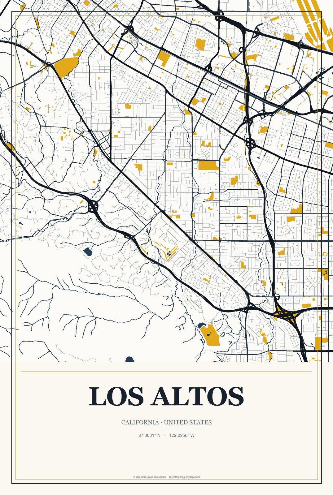 Los Altos, California City Map Aluminum Sign in Citrine Modern style