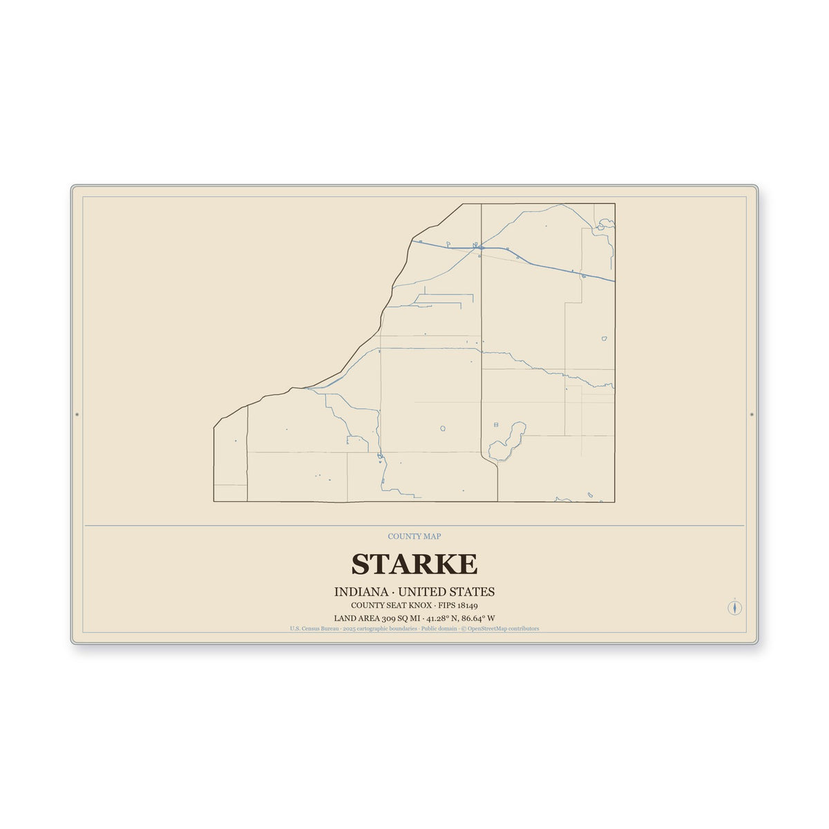 Starke County, Indiana Map Aluminum Sign in Heritage Nautical style