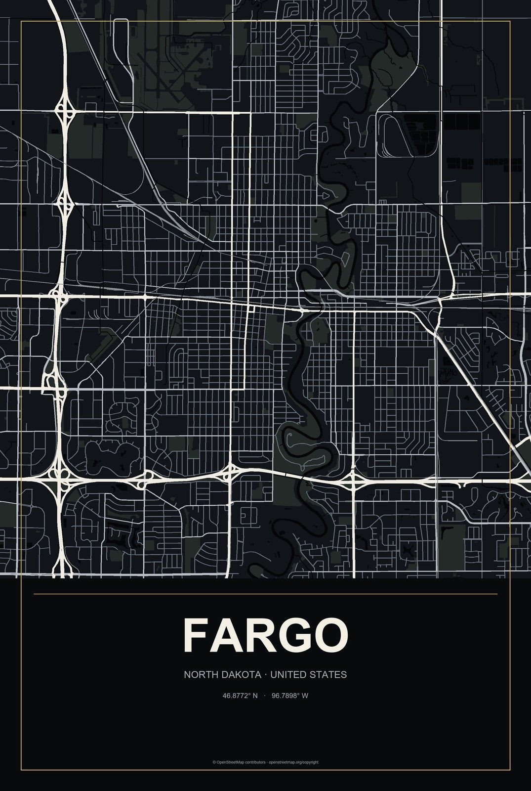 Fargo, North Dakota City Map Aluminum Sign in Metropolitan Noir style