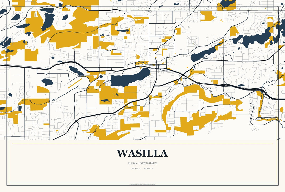 Wasilla, Alaska City Map Aluminum Sign in Citrine Modern style