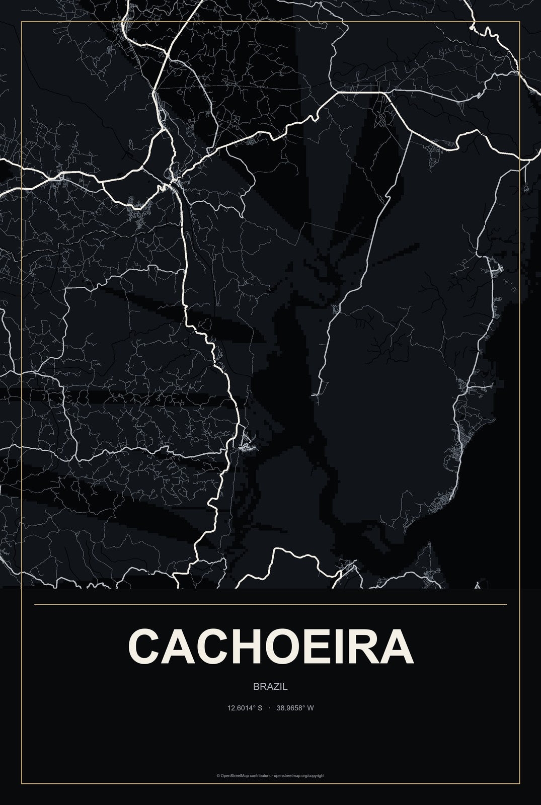 Cachoeira, Brazil City Map Aluminum Sign in Metropolitan Noir style