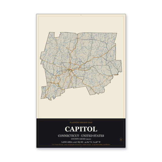 Capitol Planning Region, Connecticut Map Aluminum Sign in Museum Plaque style