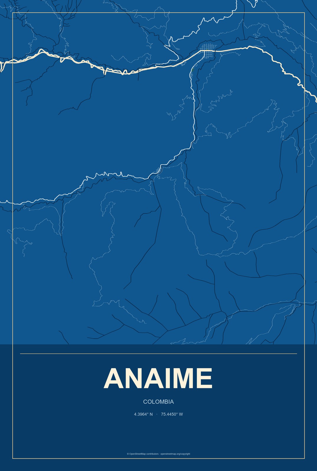 Anaime, Colombia City Map Aluminum Sign in Harbor Cobalt style