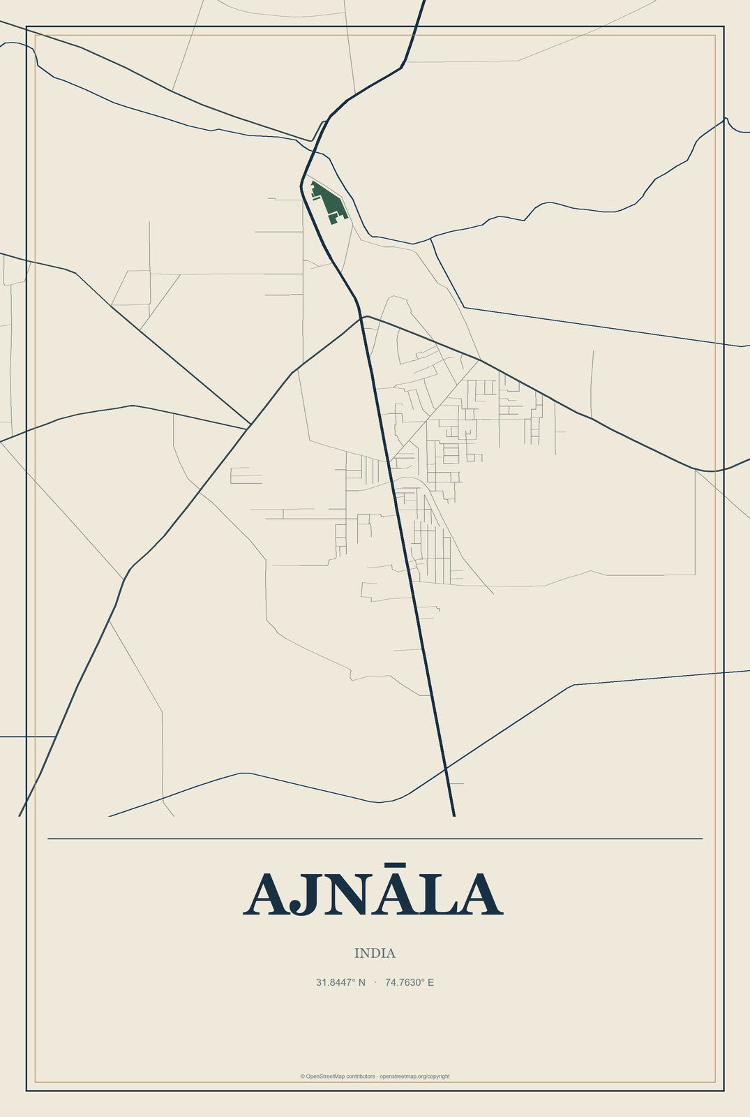 Ajnāla, India City Map Aluminum Sign in Coastal Cutout style