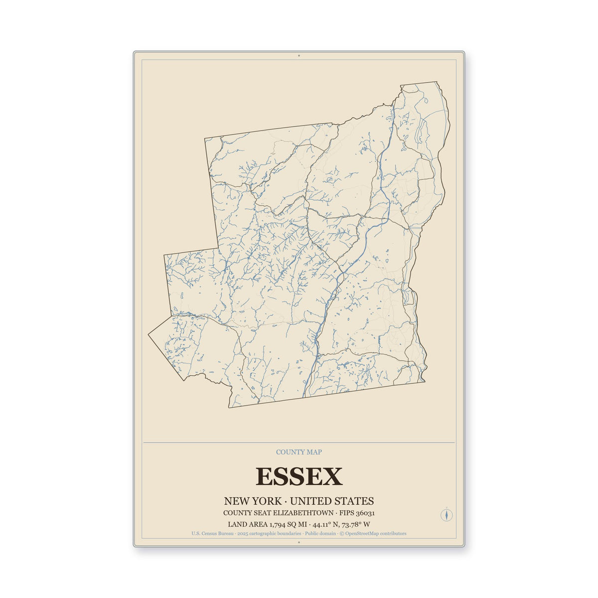 Essex County, New York Map Aluminum Sign in Heritage Nautical style