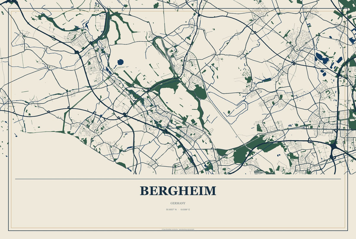 Bergheim, Germany City Map Aluminum Sign in Coastal Cutout style