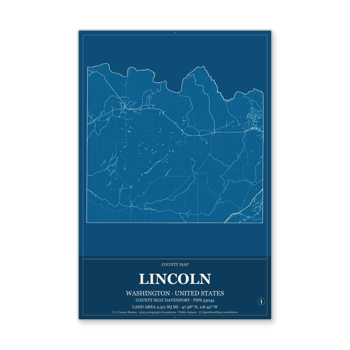 Lincoln County, Washington Map Aluminum Sign in Harbor Cobalt style