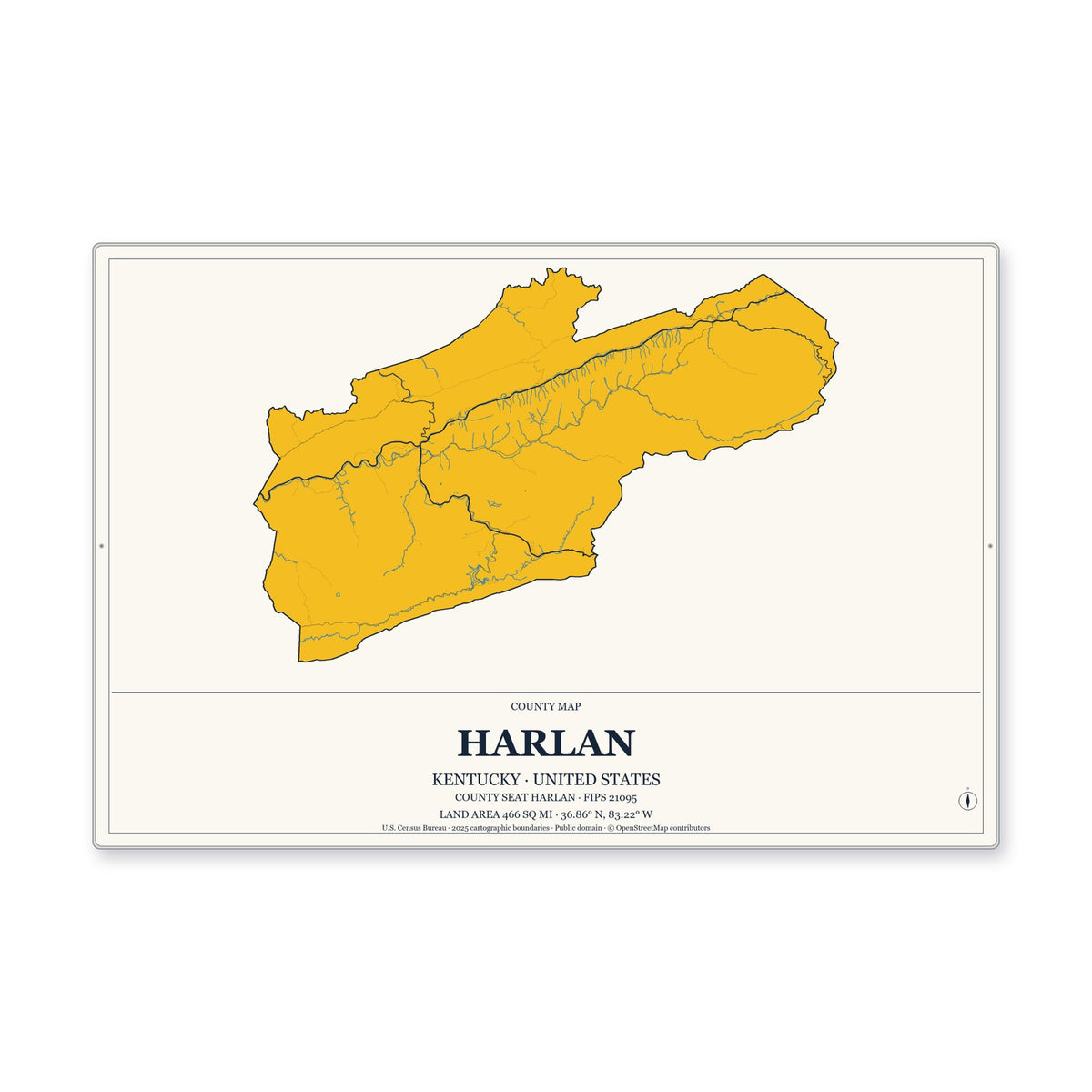 Harlan County, Kentucky Map Aluminum Sign in Citrine Modern style