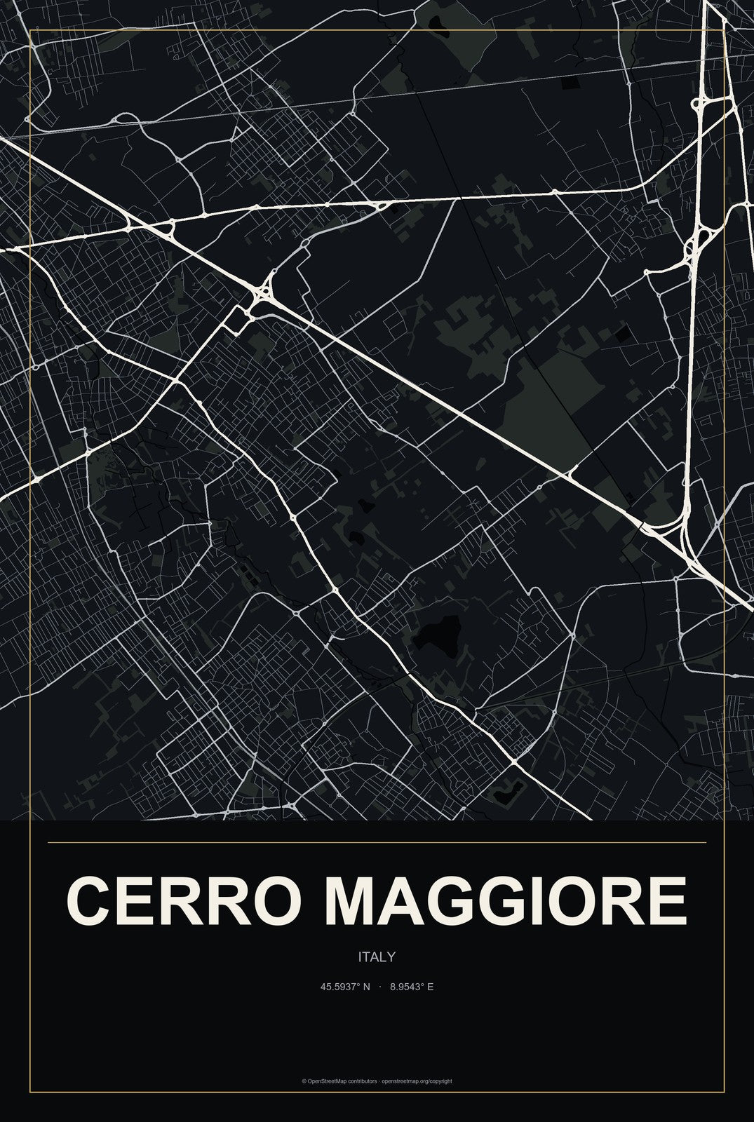 Cerro Maggiore, Italy City Map Aluminum Sign in Metropolitan Noir style