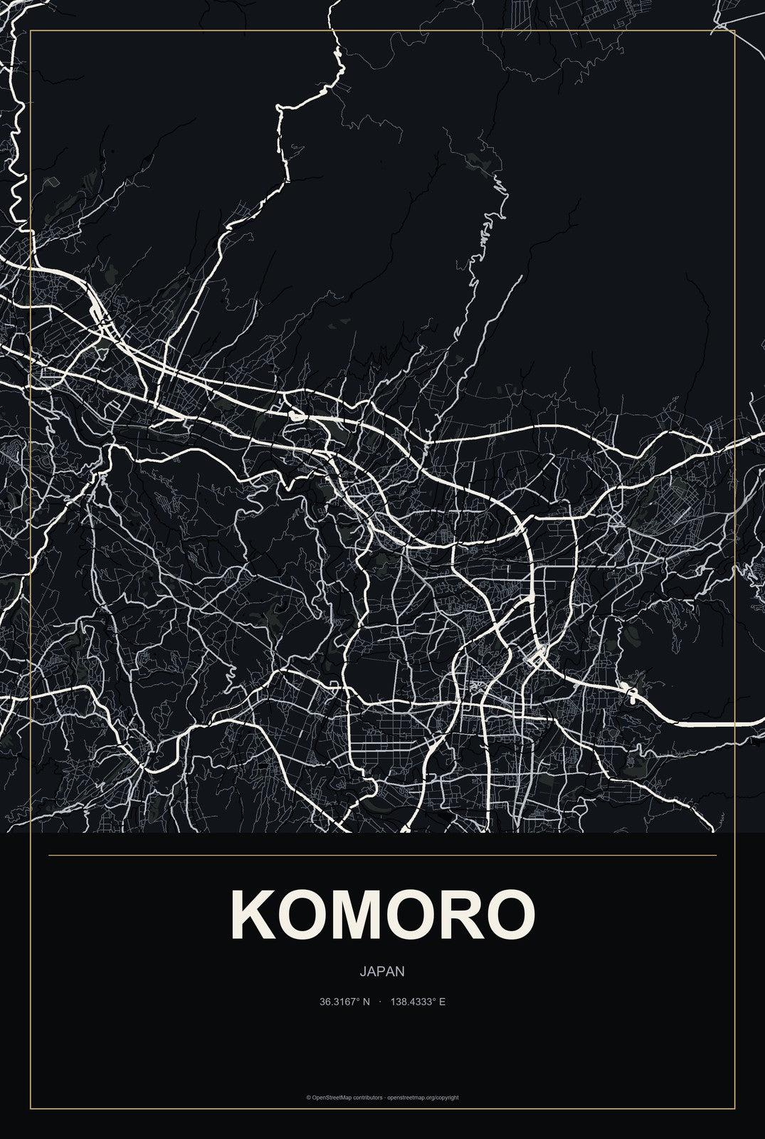 Komoro, Japan City Map Aluminum Sign in Metropolitan Noir style