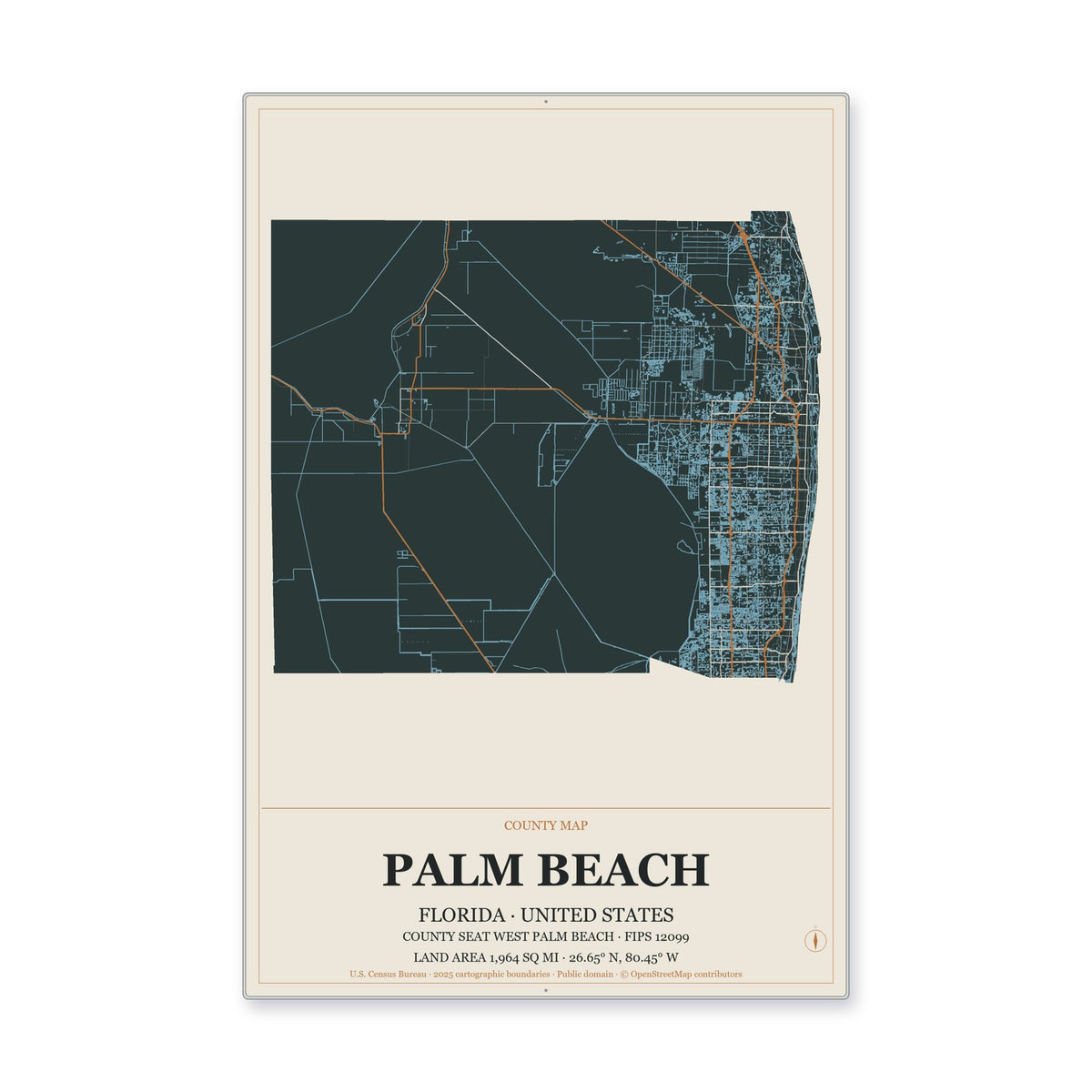 Palm Beach County, Florida Map Aluminum Sign in Headline Atlas style