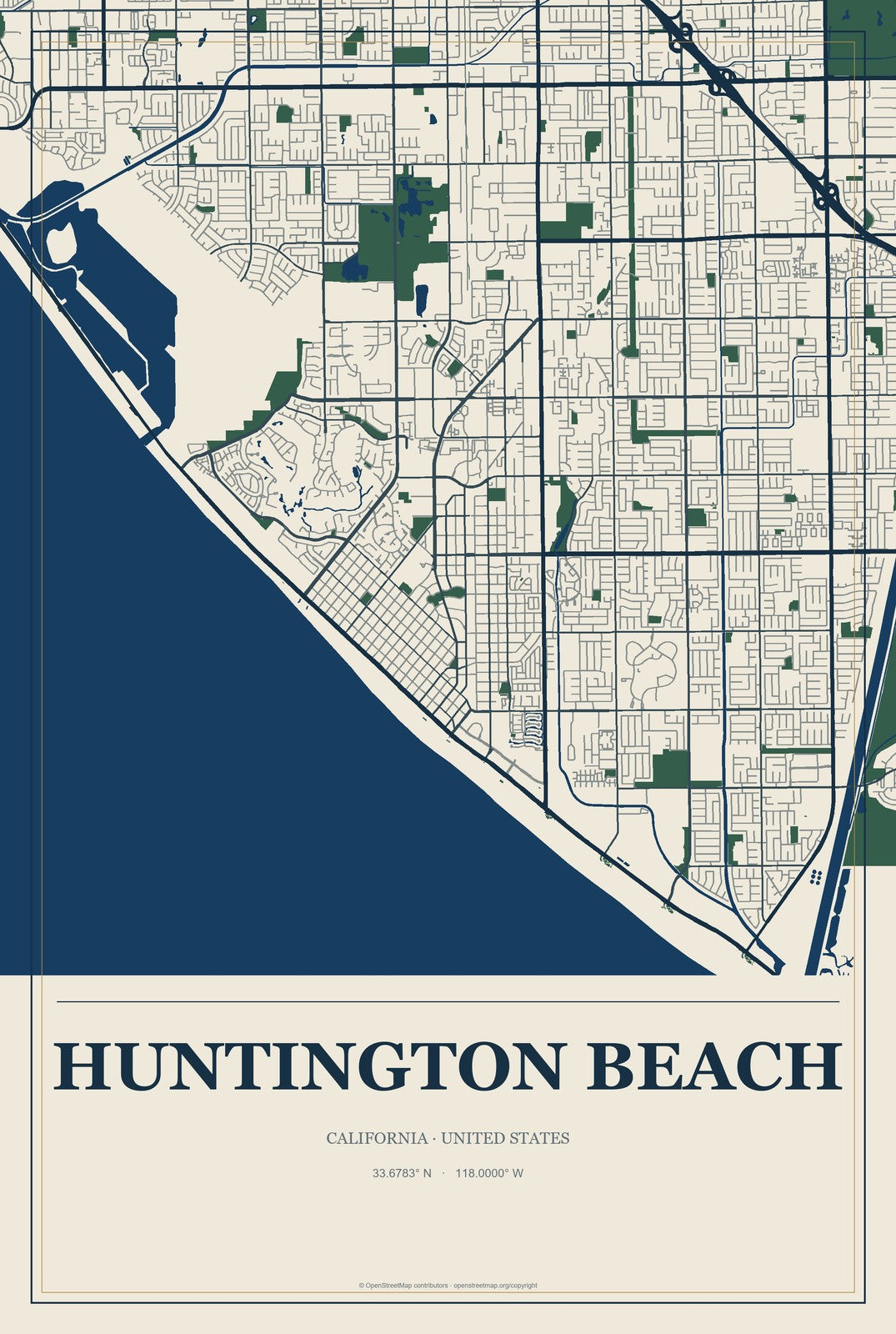 Huntington Beach, California City Map Aluminum Sign in Coastal Cutout style