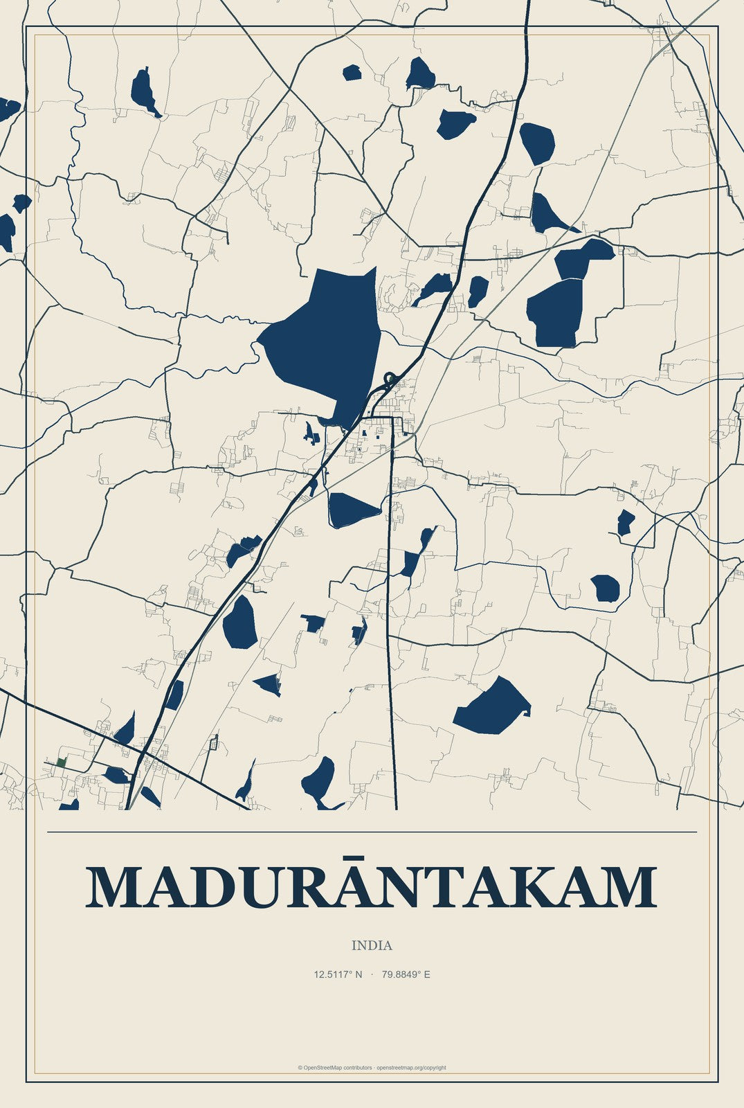 Madurāntakam, India City Map Aluminum Sign in Coastal Cutout style