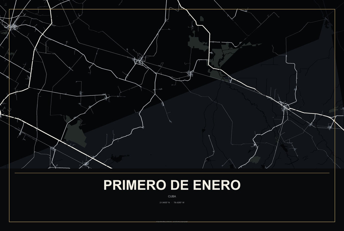 Primero de Enero, Cuba City Map Aluminum Sign in Metropolitan Noir style