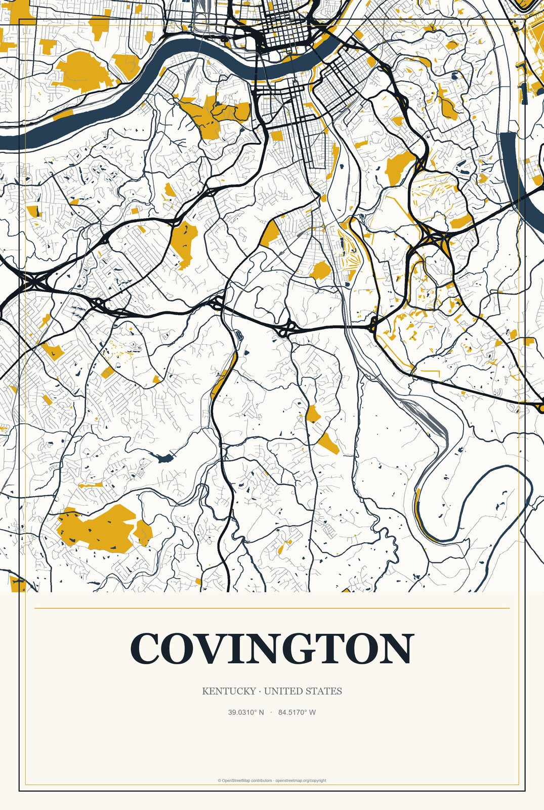 Covington, Kentucky City Map Aluminum Sign in Citrine Modern style