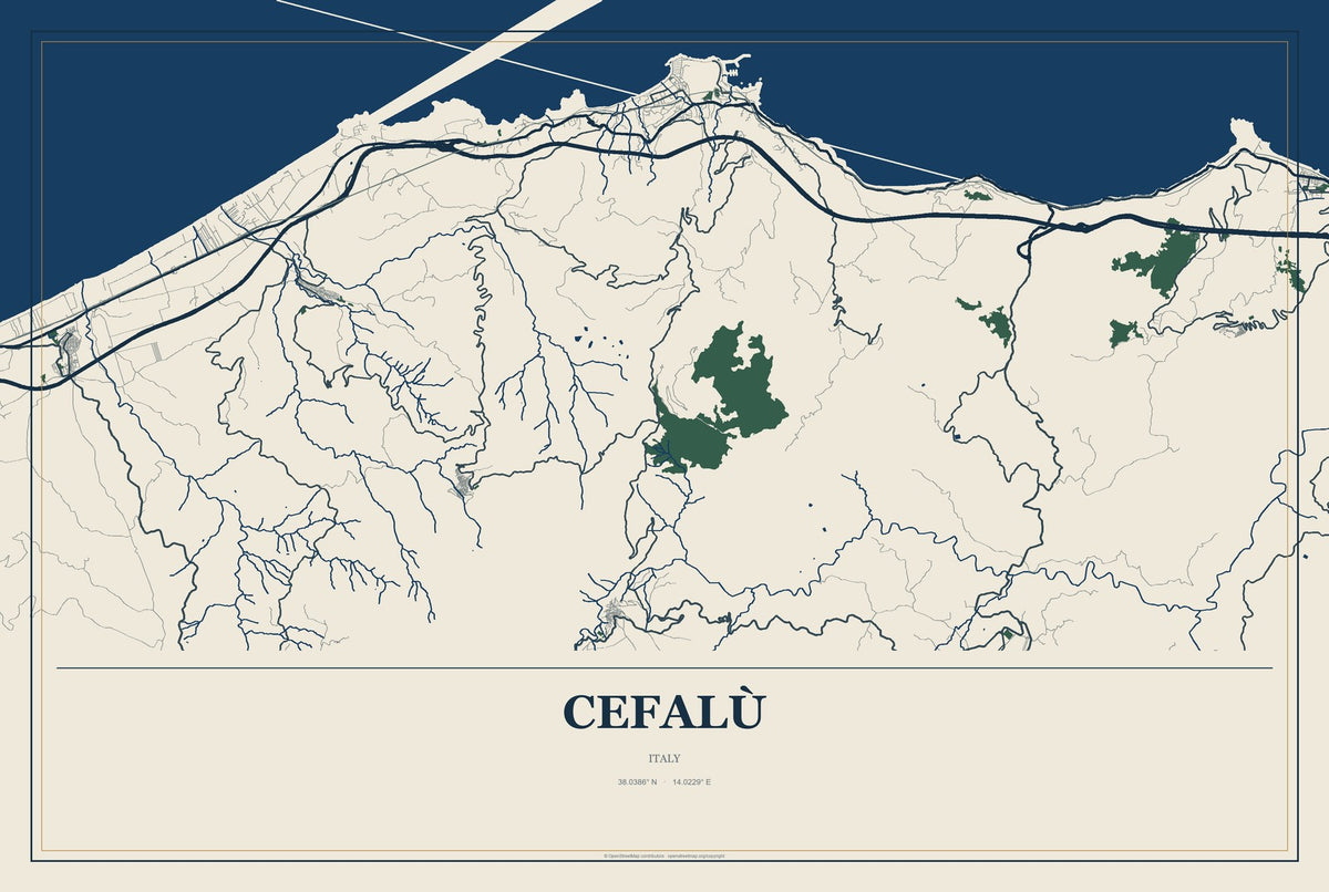 Cefalù, Italy City Map Aluminum Sign in Coastal Cutout style