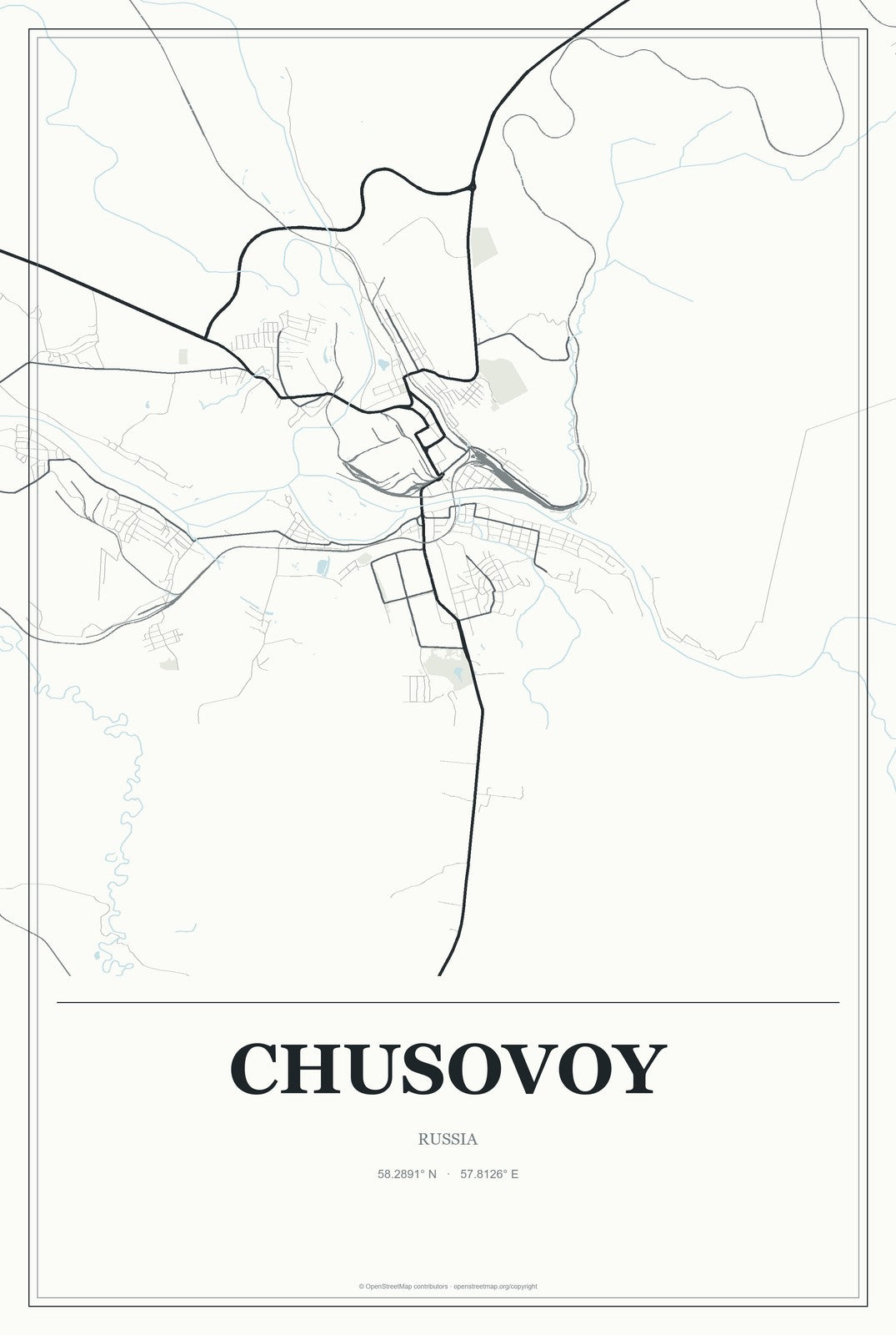 Chusovoy, Russia City Map Aluminum Sign in Gallery Air style