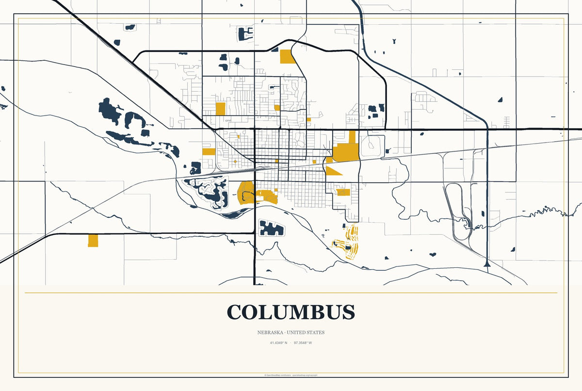 Columbus, Nebraska City Map Aluminum Sign in Citrine Modern style