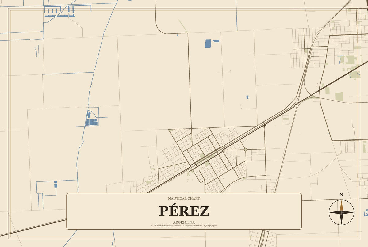 Pérez, Argentina City Map Aluminum Sign in Heritage Nautical style