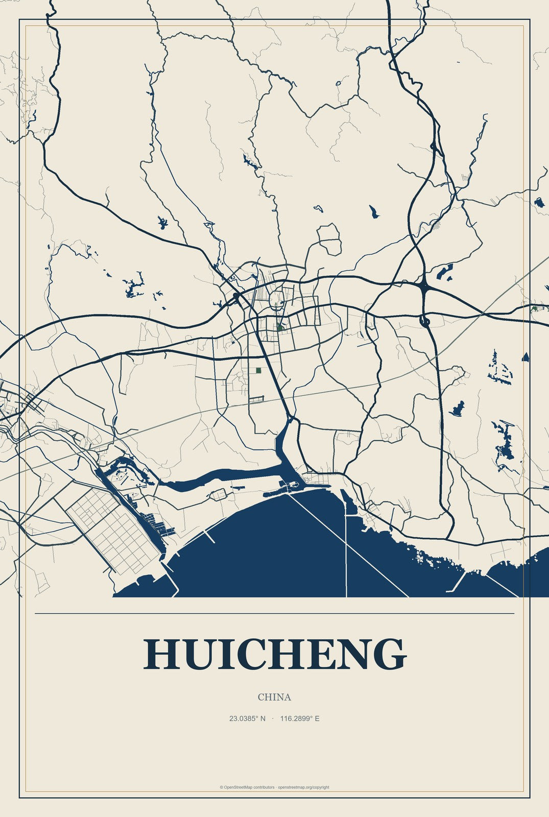 Huicheng, Guangdong, China City Map Aluminum Sign in Coastal Cutout style
