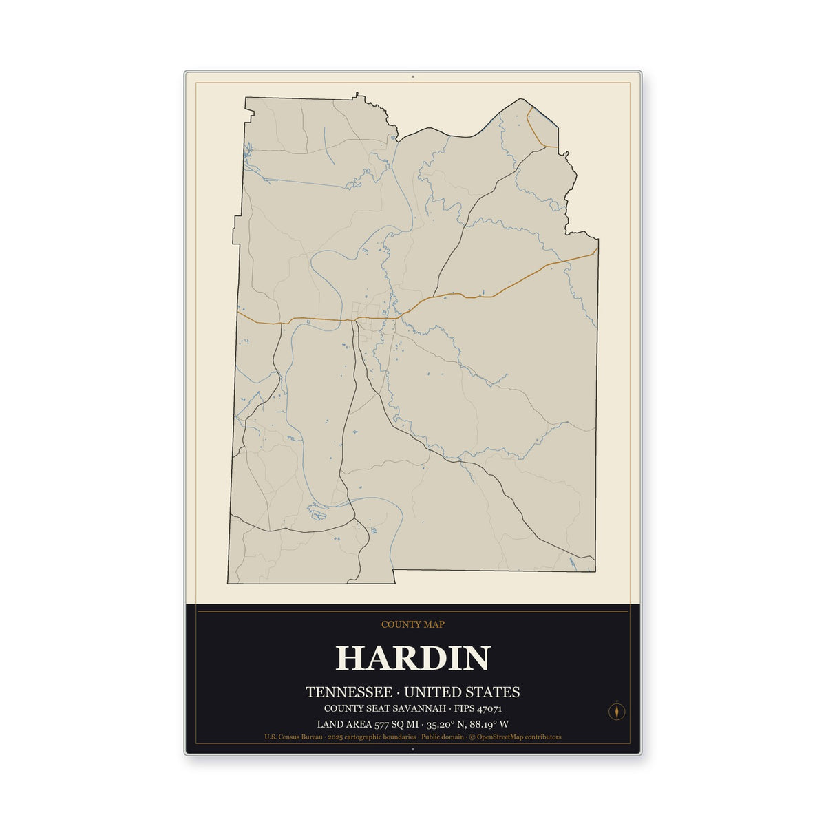 Hardin County, Tennessee Map Aluminum Sign in Museum Plaque style