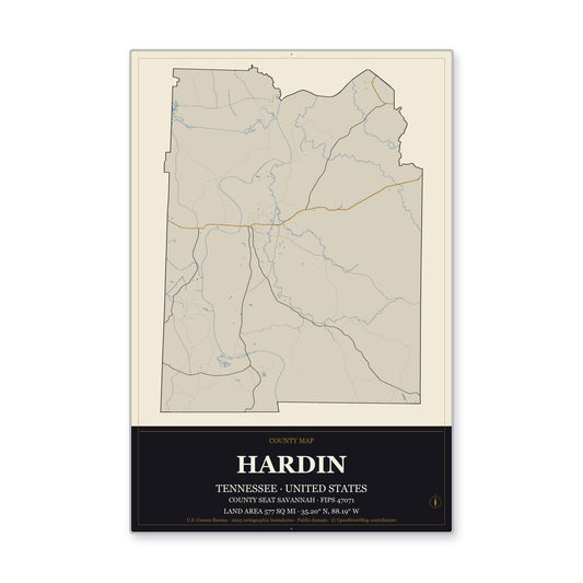 Hardin County, Tennessee Map Aluminum Sign in Museum Plaque style