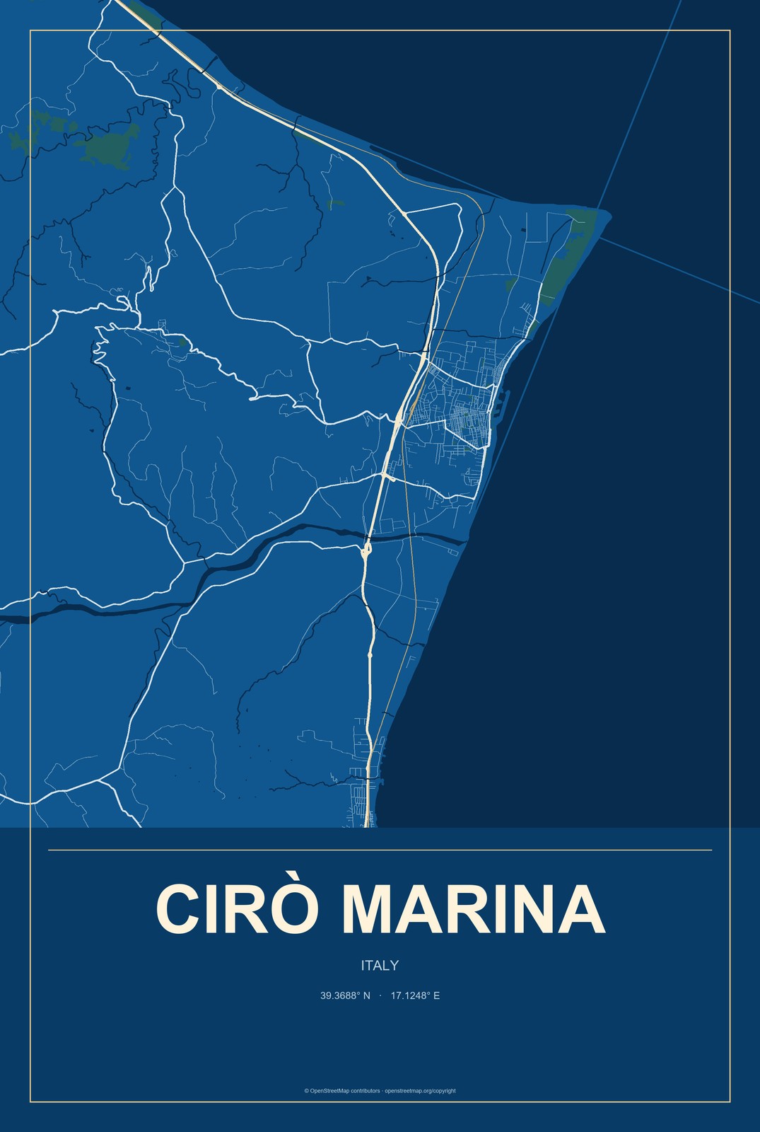Cirò Marina, Italy City Map Aluminum Sign in Harbor Cobalt style