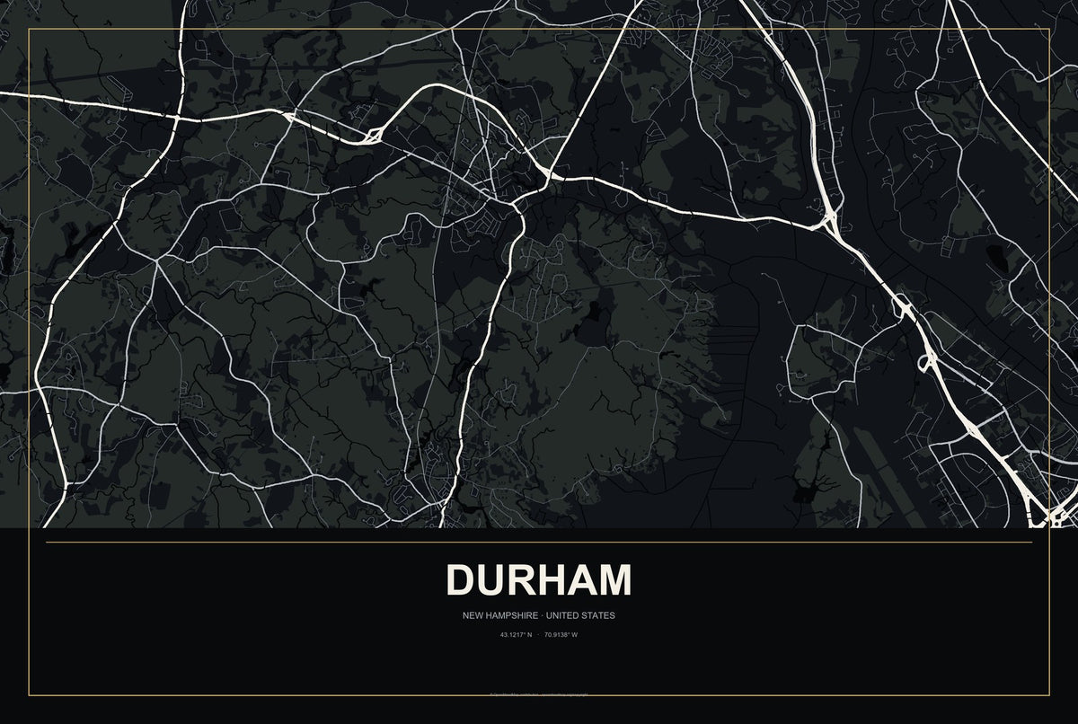 Durham, New Hampshire City Map Aluminum Sign in Metropolitan Noir style