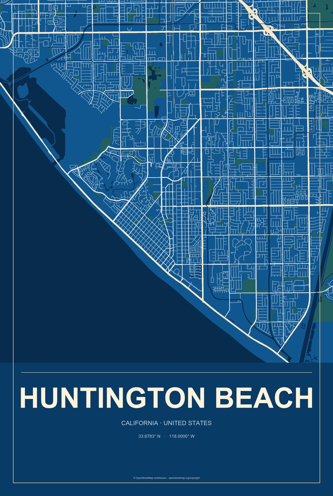 Huntington Beach, California City Map Aluminum Sign in Harbor Cobalt style