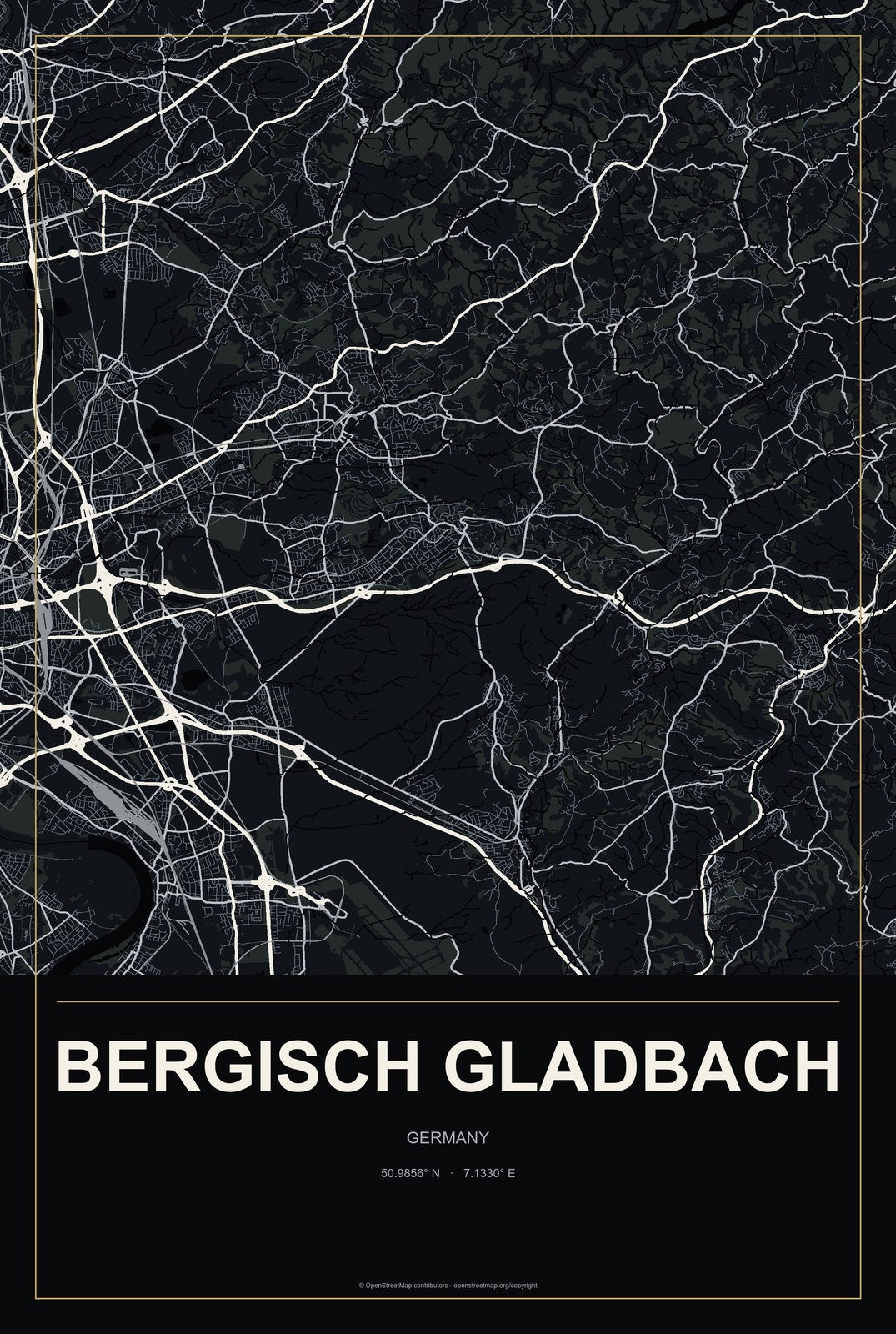 Bergisch Gladbach, Germany City Map Aluminum Sign in Metropolitan Noir style