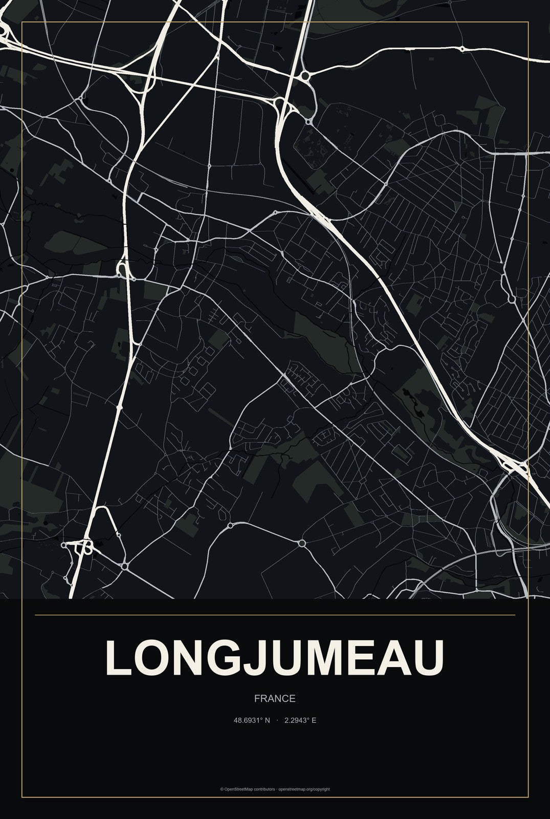 Longjumeau, France City Map Aluminum Sign in Metropolitan Noir style