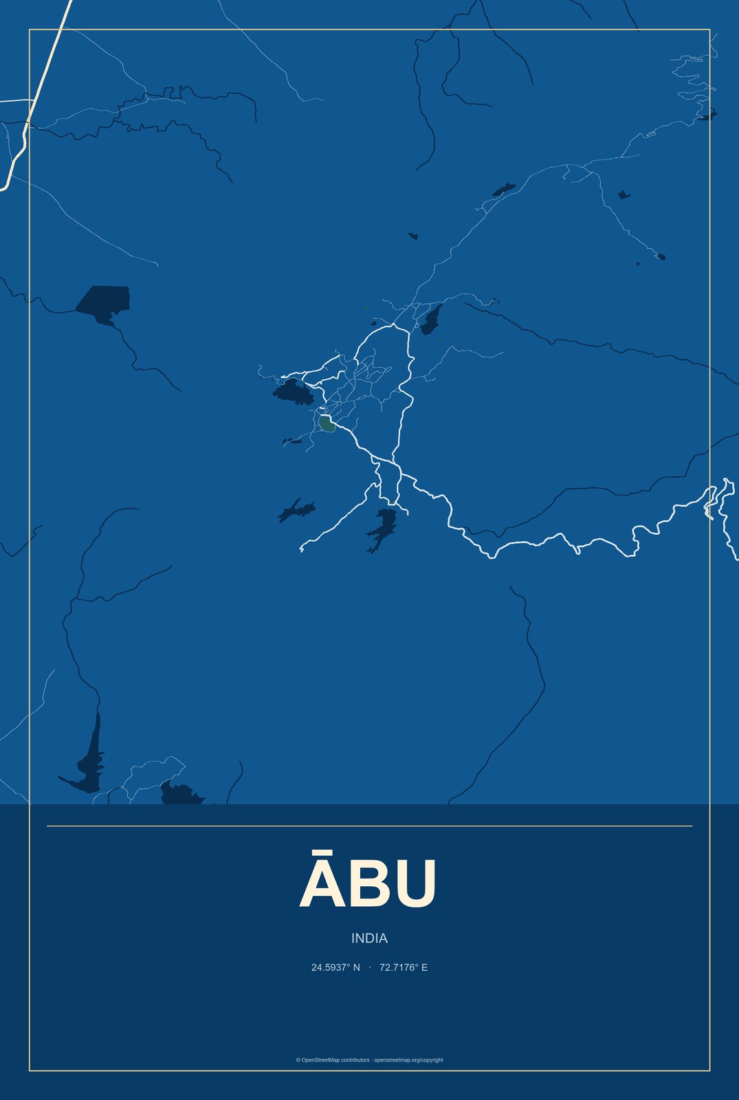 Ābu, India City Map Aluminum Sign in Harbor Cobalt style
