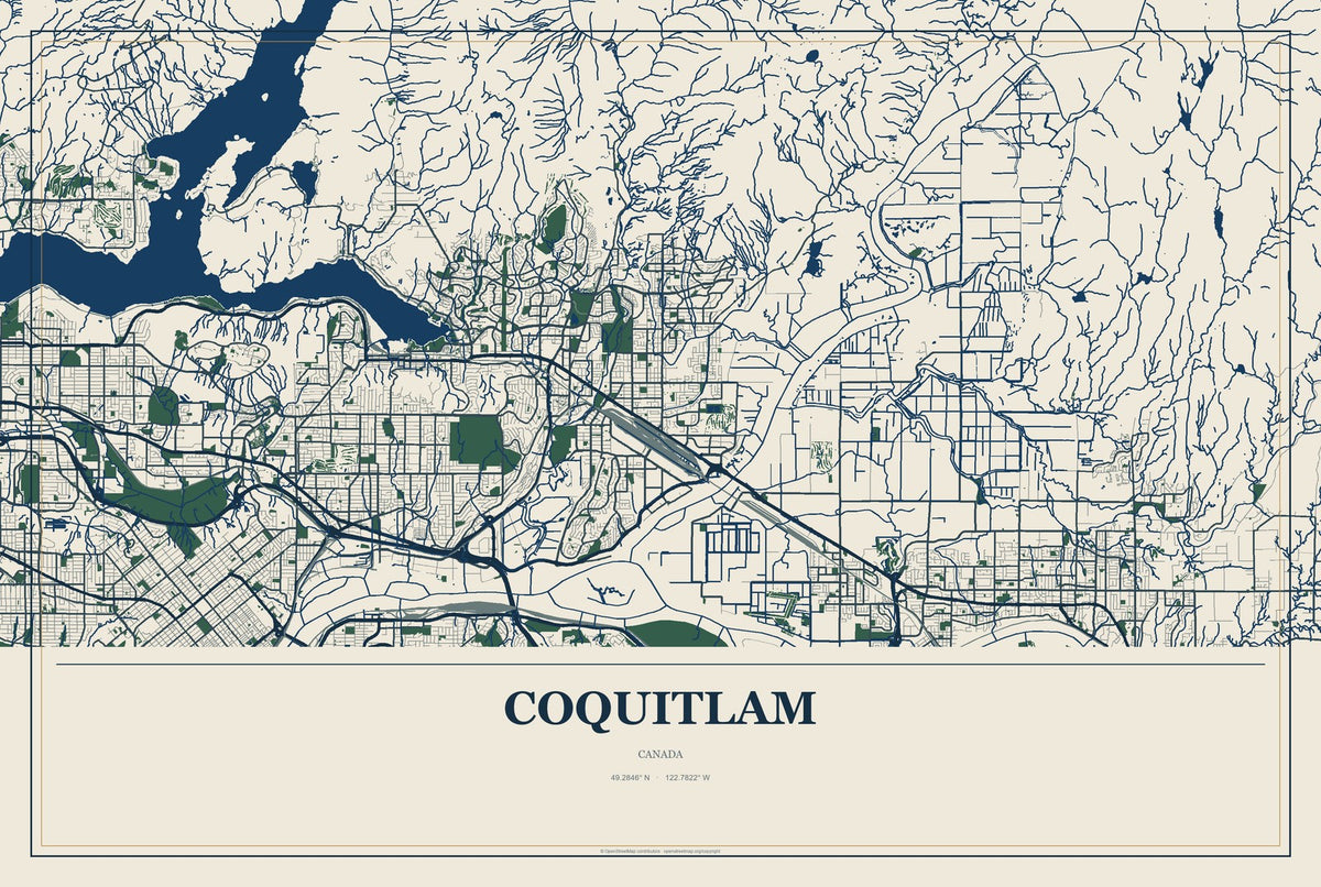 Coquitlam, Canada City Map Aluminum Sign in Coastal Cutout style