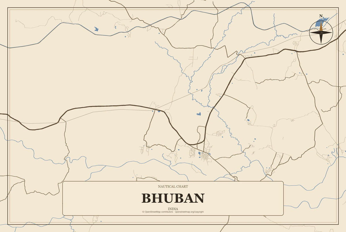 Bhuban, India City Map Aluminum Sign in Heritage Nautical style