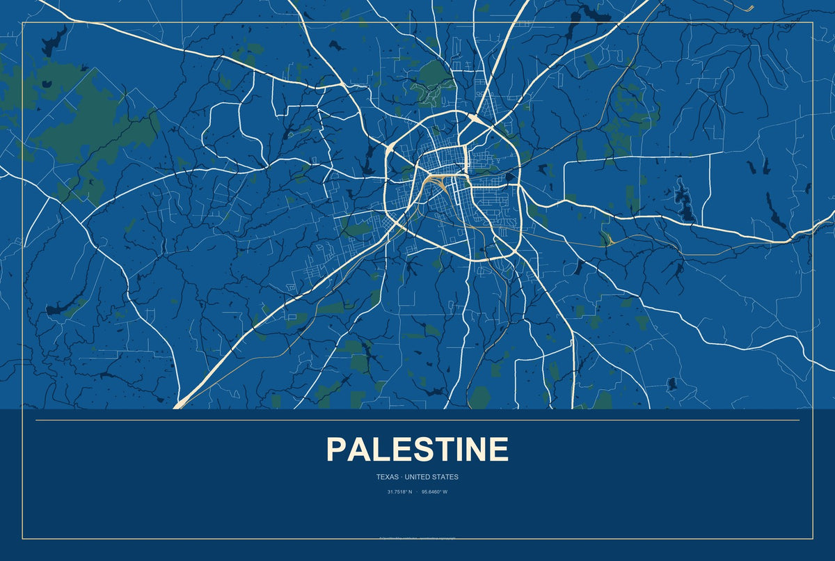 Palestine, Texas City Map Aluminum Sign in Harbor Cobalt style