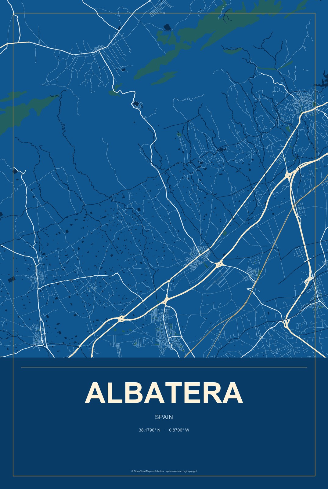 Albatera, Spain City Map Aluminum Sign in Harbor Cobalt style