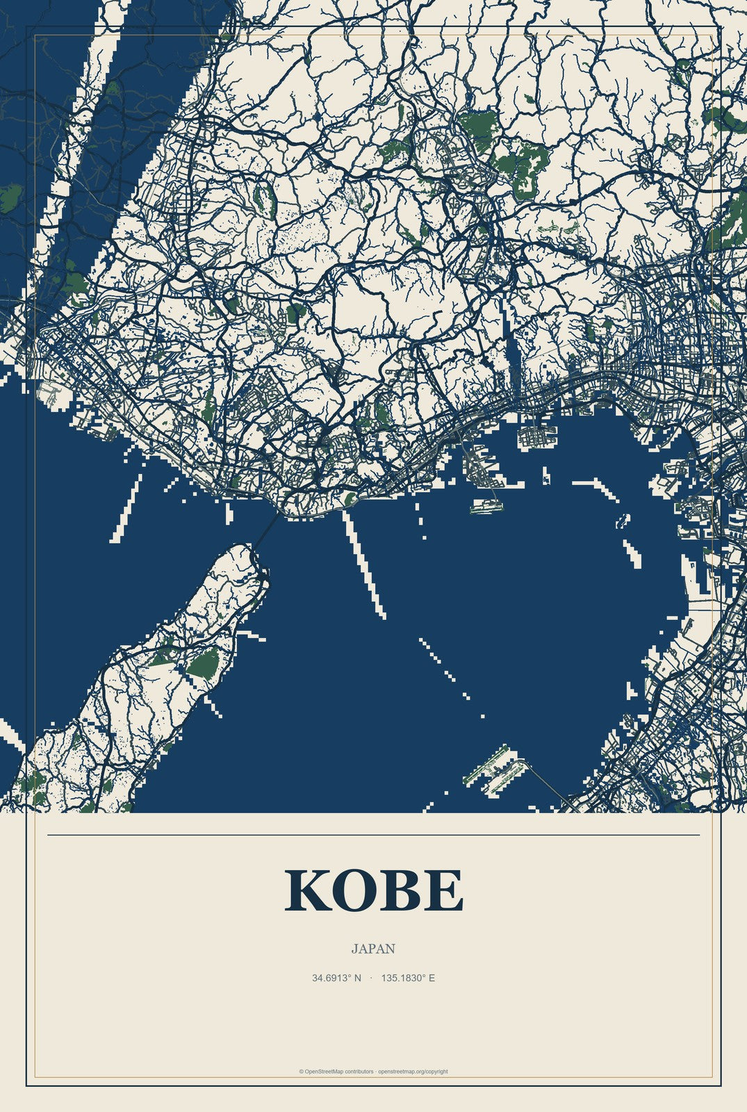 Kobe, Japan City Map Aluminum Sign in Coastal Cutout style