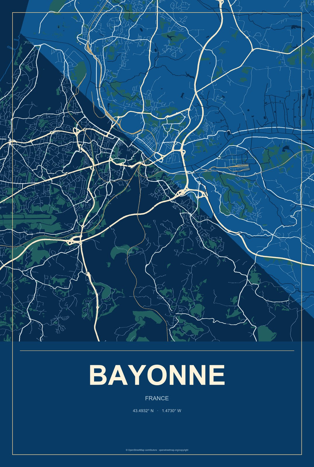 Bayonne, France City Map Aluminum Sign in Harbor Cobalt style