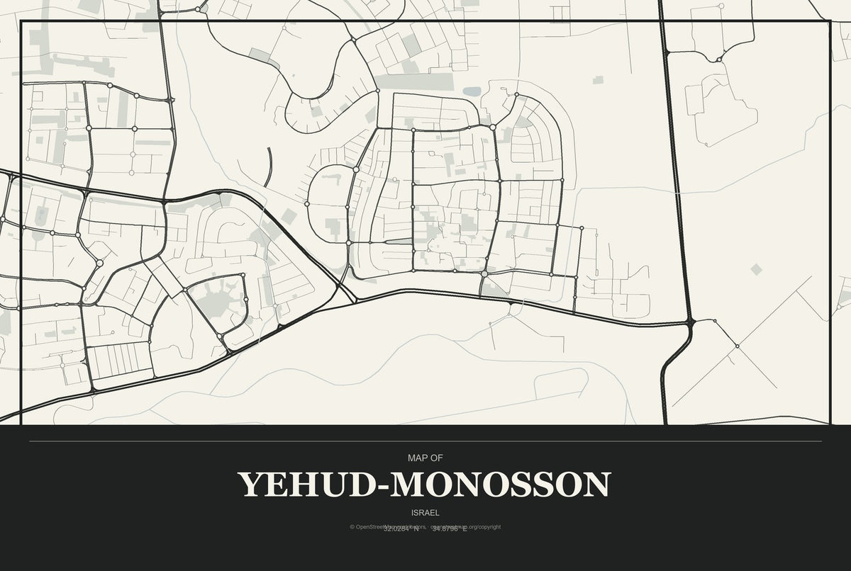 Yehud-Monosson, Israel City Map Aluminum Sign in Museum Plaque style