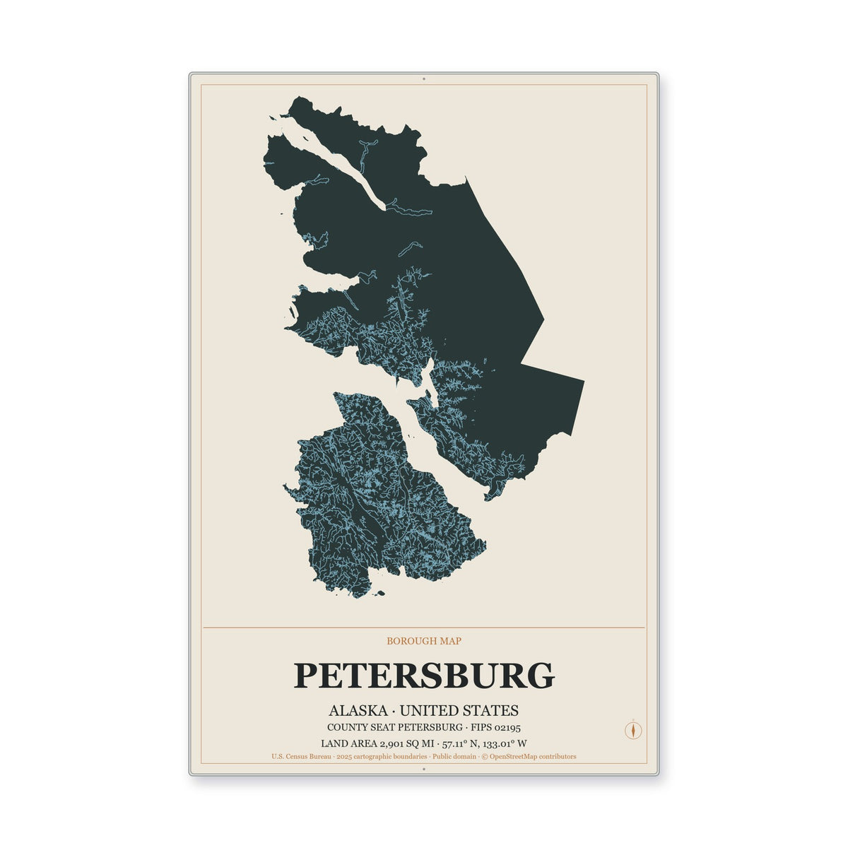 Petersburg Borough, Alaska Map Aluminum Sign in Headline Atlas style