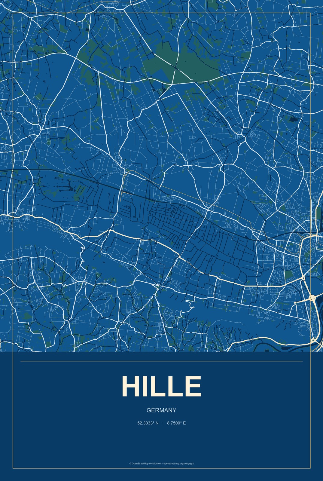 Hille, Germany City Map Aluminum Sign in Harbor Cobalt style