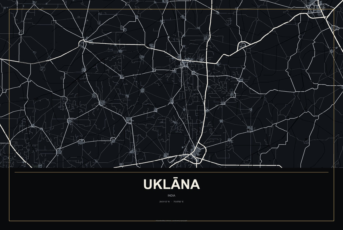 Uklāna, India City Map Aluminum Sign in Metropolitan Noir style