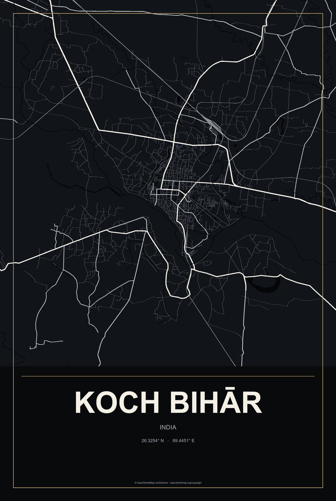 Koch Bihār, India City Map Aluminum Sign in Metropolitan Noir style