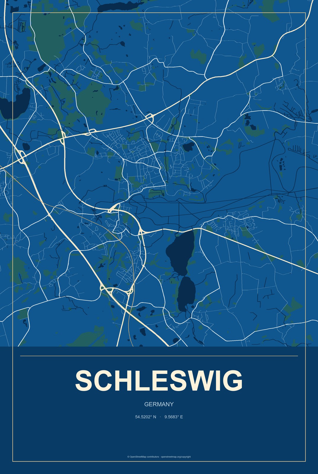 Schleswig, Germany City Map Aluminum Sign in Harbor Cobalt style